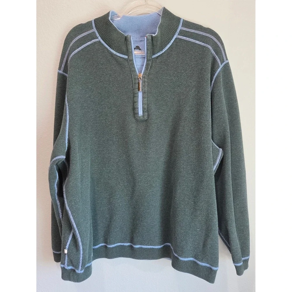 Tommy Bahama Quarter Zip Pullover Mens XL Blue Green Excellent Reversible
